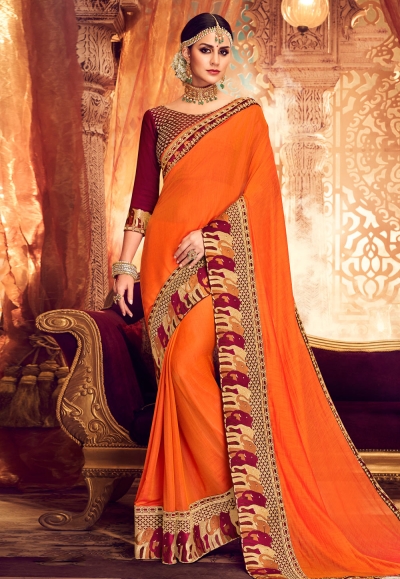 Orange satin saree with blouse  1904